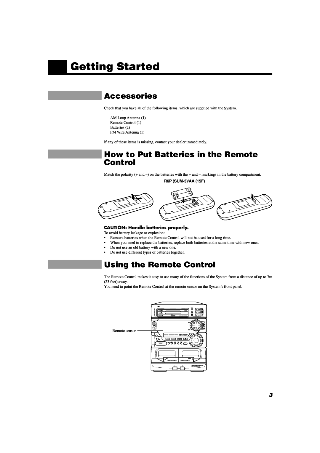 JVC MX-D402T manual Getting Started, Accessories, How to Put Batteries in the Remote Control, Using the Remote Control 
