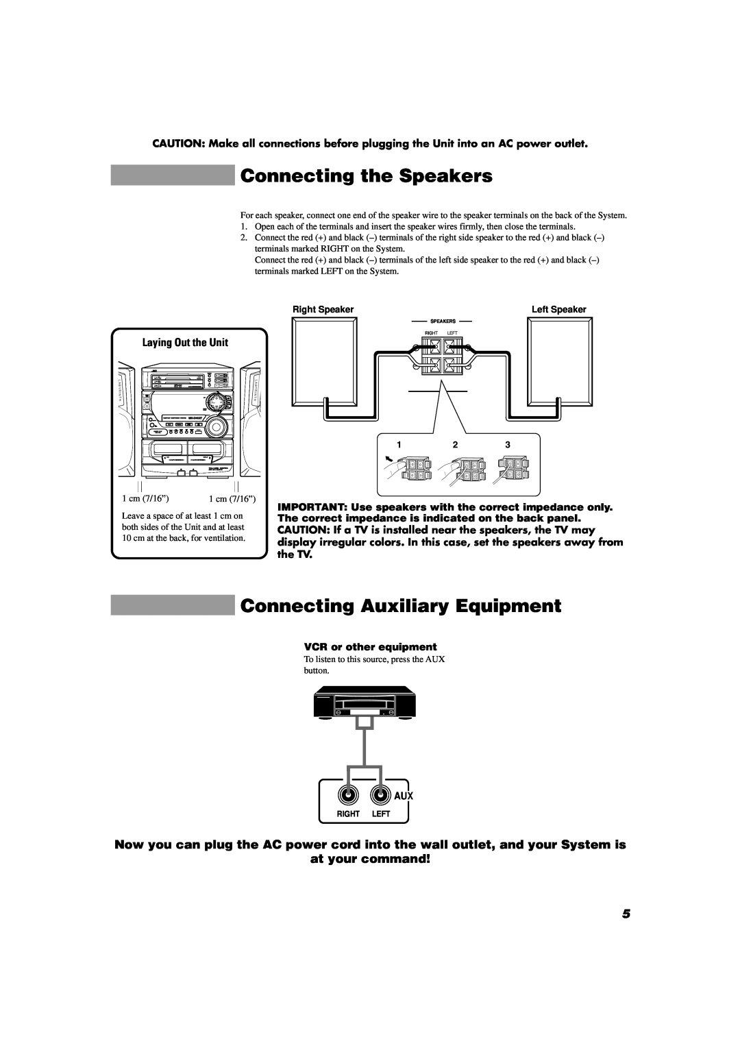 JVC MX-D402T manual Connecting the Speakers, Connecting Auxiliary Equipment, at your command, Laying Out the Unit 