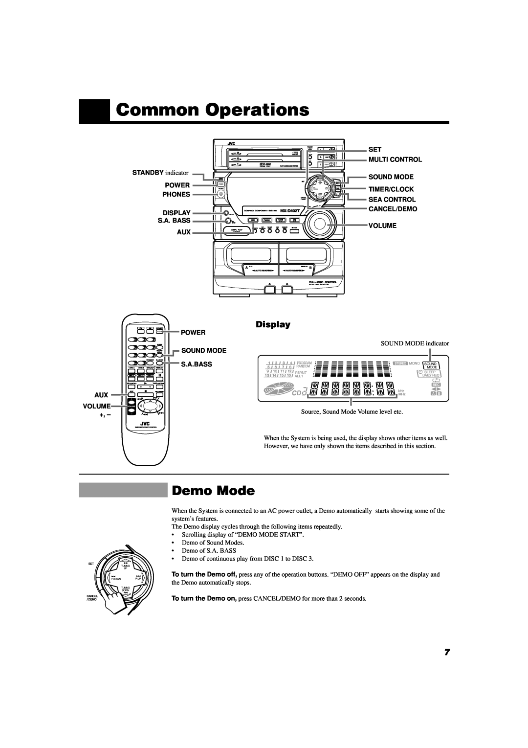 JVC MX-D402T Common Operations, Demo Mode, Power Phones Display S.A. Bass Aux, Multi Control, Sound Mode, Aux Volume + 