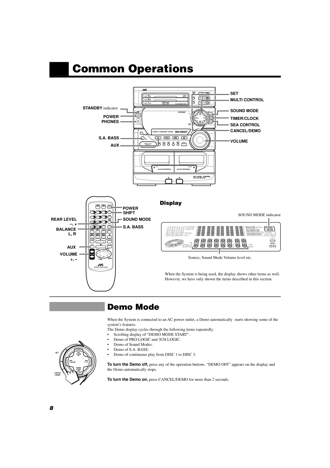 JVC MX-D602T manual Common Operations, Demo Mode, Display 