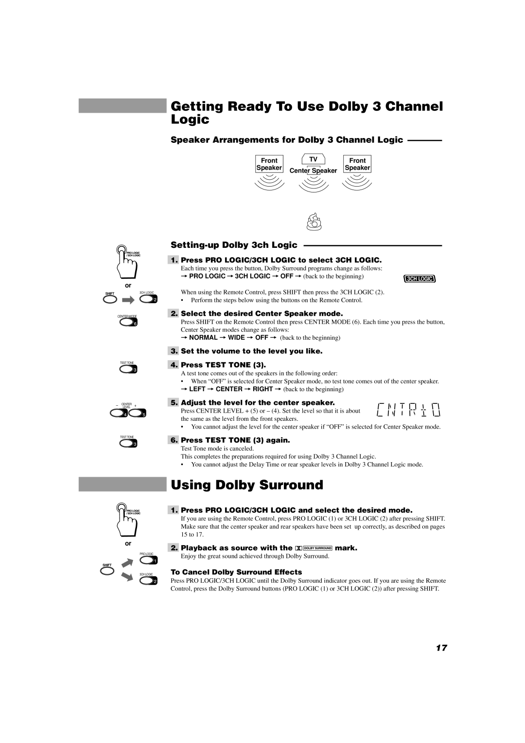 JVC MX-D602T manual Getting Ready To Use Dolby 3 Channel Logic, Using Dolby Surround, Setting-up Dolby 3ch Logic 