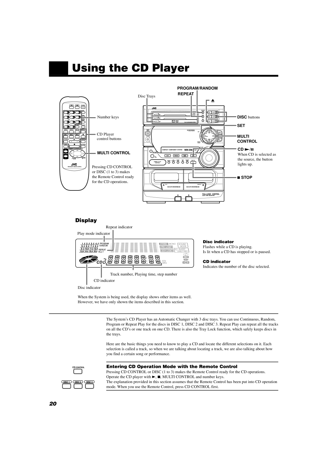 JVC MX-D602T Using the CD Player, Entering CD Operation Mode with the Remote Control, CD £/8, Disc indicator, CD indicator 