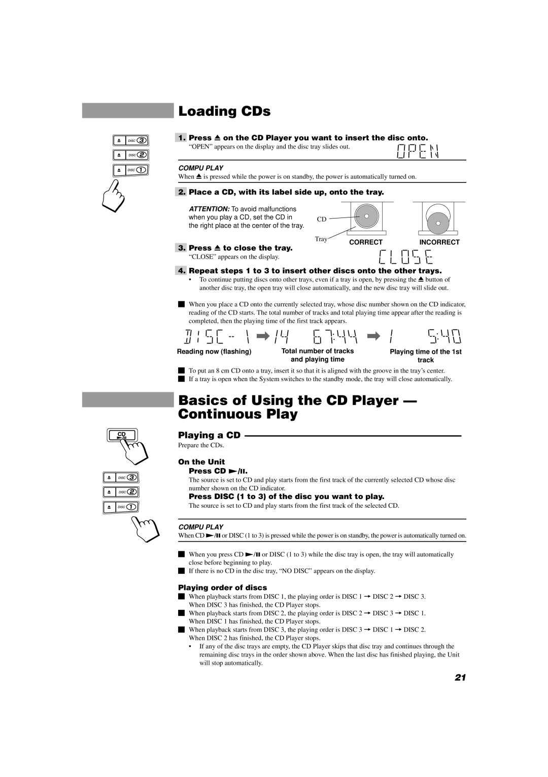 JVC MX-D602T manual Loading CDs, Basics of Using the CD Player Continuous Play, Playing a CD 