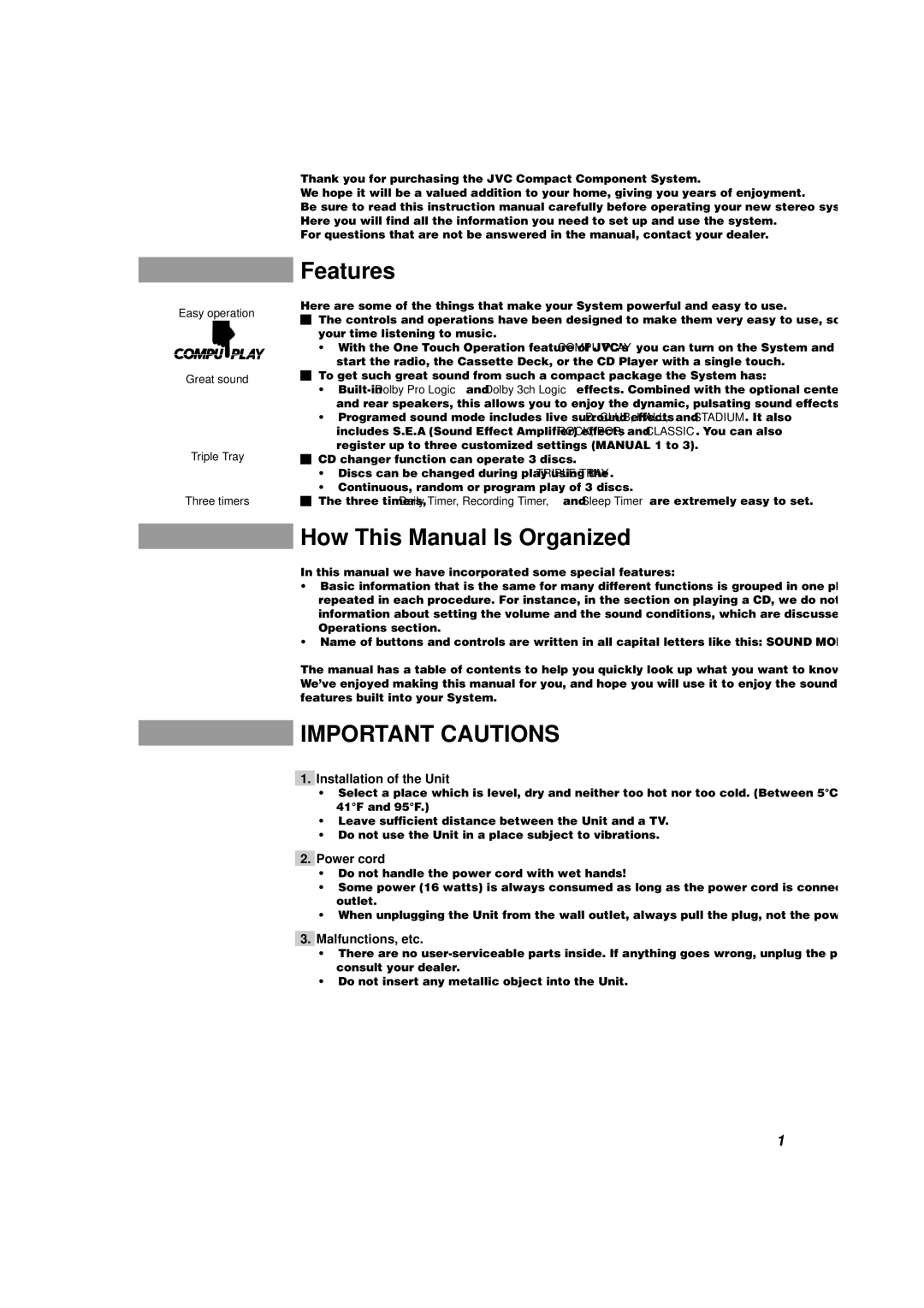 JVC MX-D602T manual Features, How This Manual Is Organized, Installation of the Unit, Power cord, Malfunctions, etc 