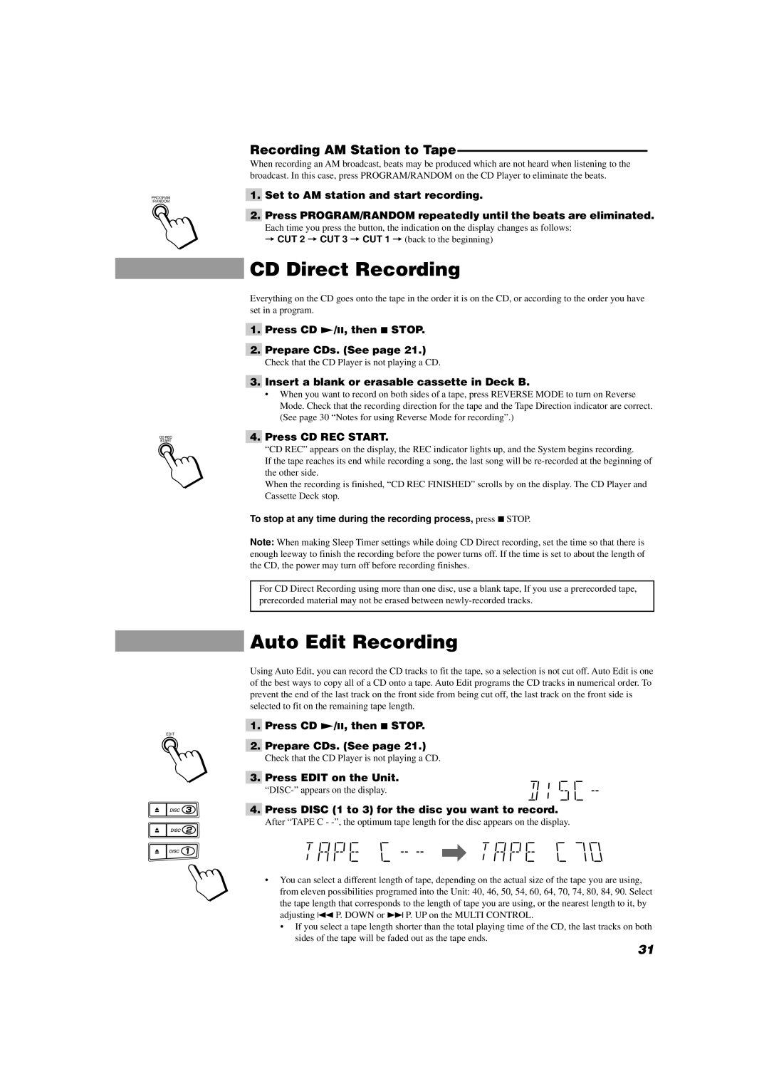 JVC MX-D602T manual CD Direct Recording, Auto Edit Recording, Recording AM Station to Tape 