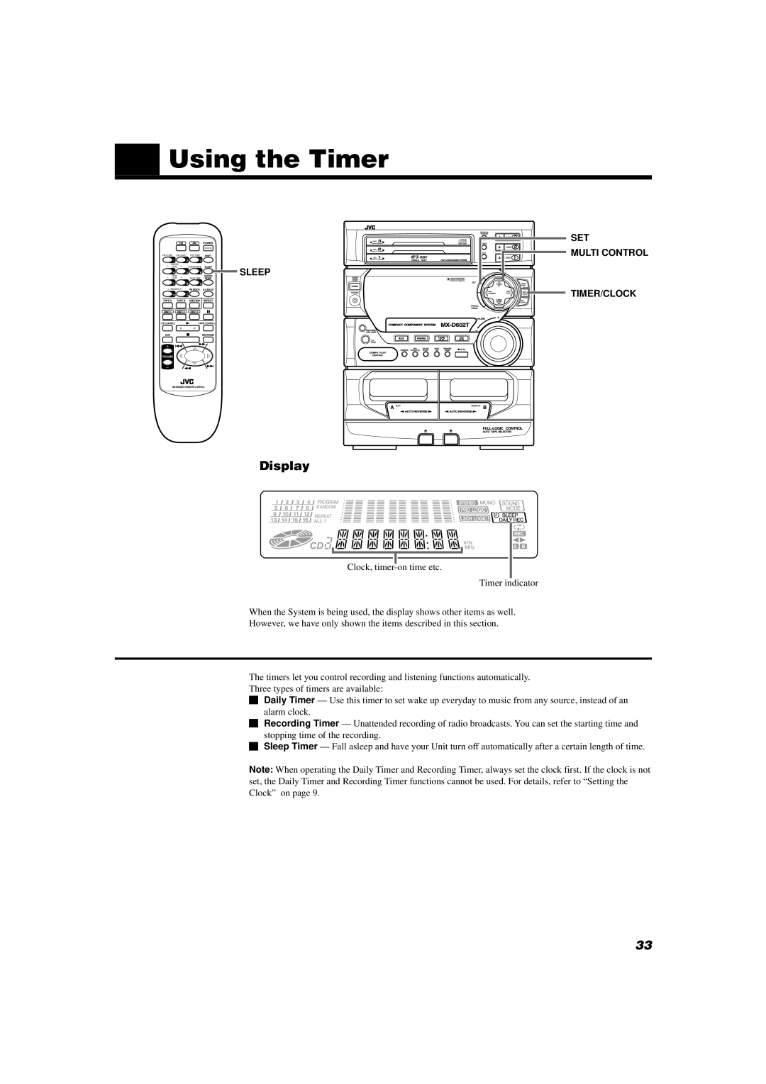 JVC MX-D602T manual Using the Timer, Display 