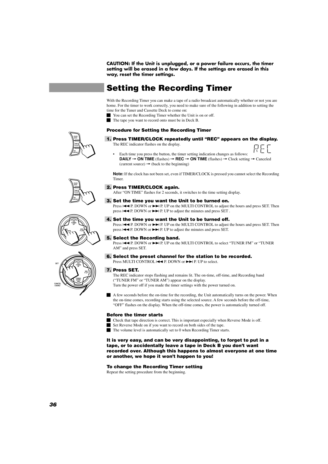 JVC MX-D602T manual Setting the Recording Timer 