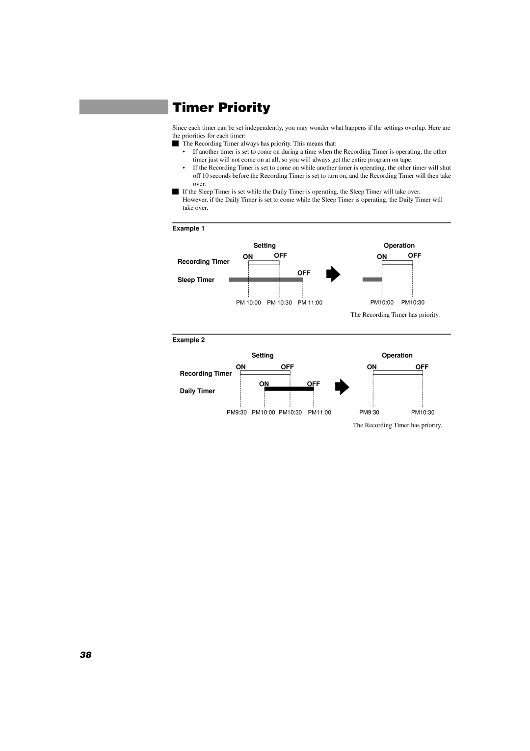 JVC MX-D602T manual Timer Priority, Example Setting Operation, Recording Timer, Sleep Timer, Daily Timer 