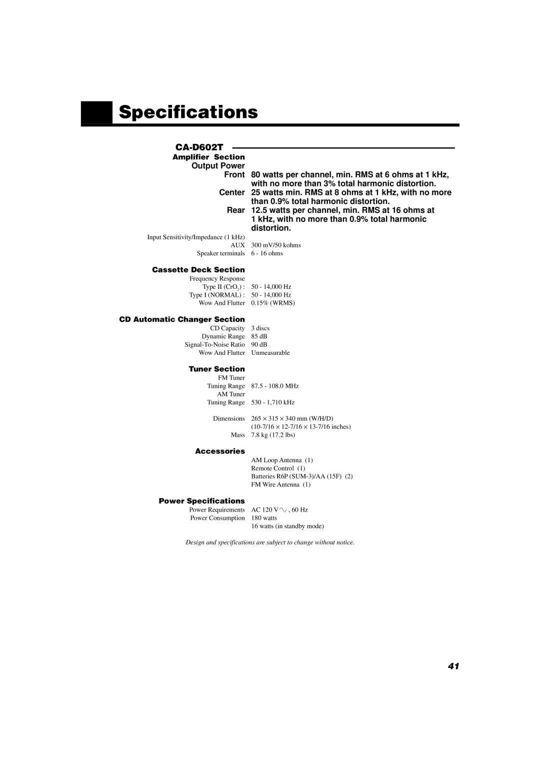 JVC MX-D602T manual Specifications, CA-D602T 