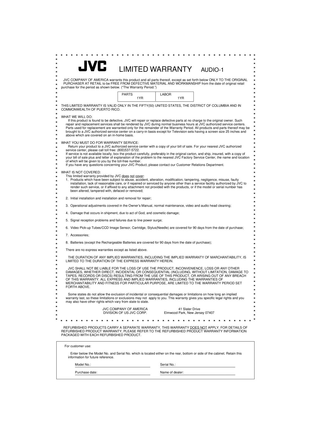 JVC MX-D602T manual Limited Warranty AUDIO-1 