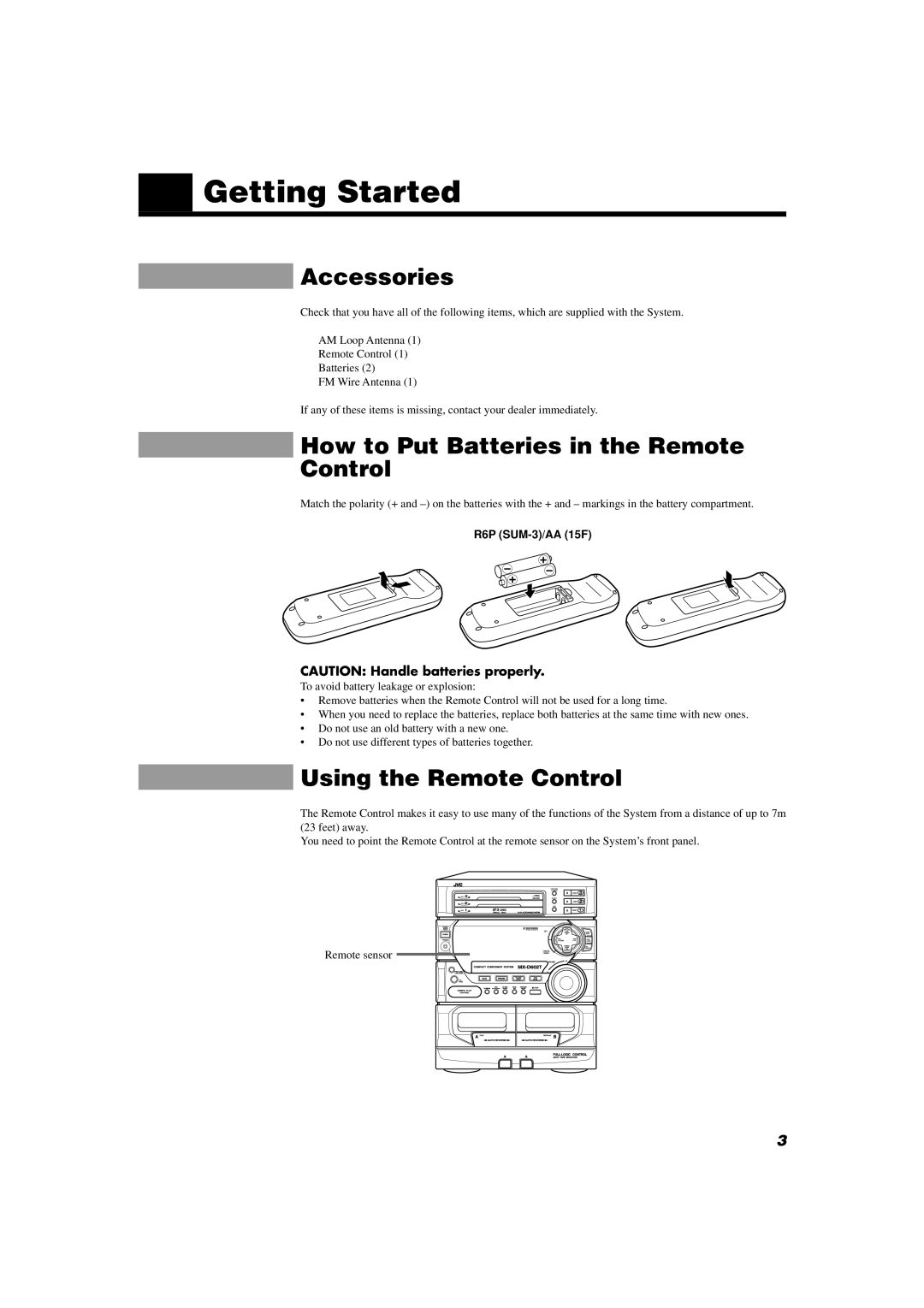 JVC MX-D602T manual Getting Started, Accessories, How to Put Batteries in the Remote Control, Using the Remote Control 