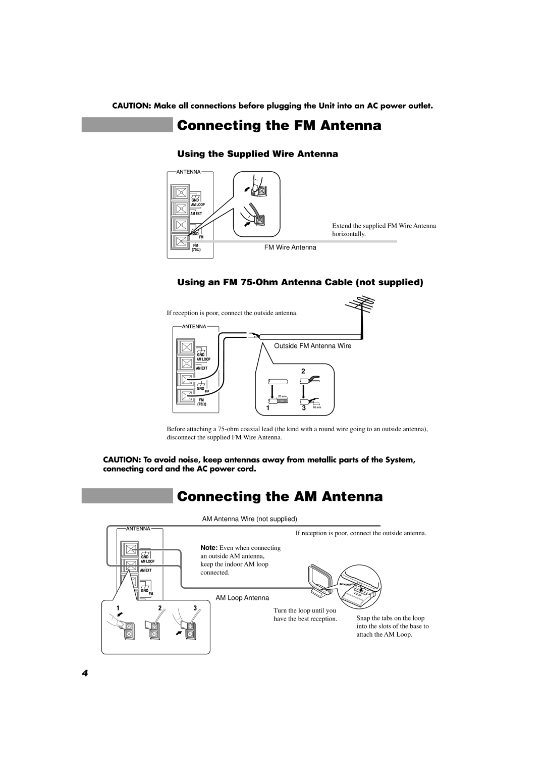 JVC MX-D602T manual Connecting the FM Antenna, Connecting the AM Antenna, Using the Supplied Wire Antenna 