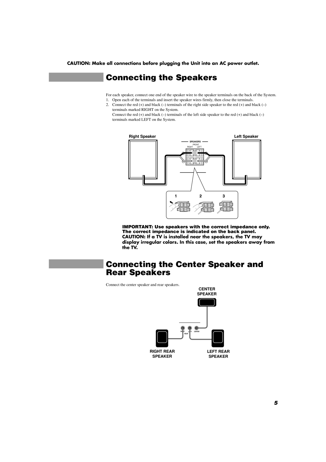 JVC MX-D602T manual Connecting the Speakers, Connecting the Center Speaker and Rear Speakers, Right Speaker 