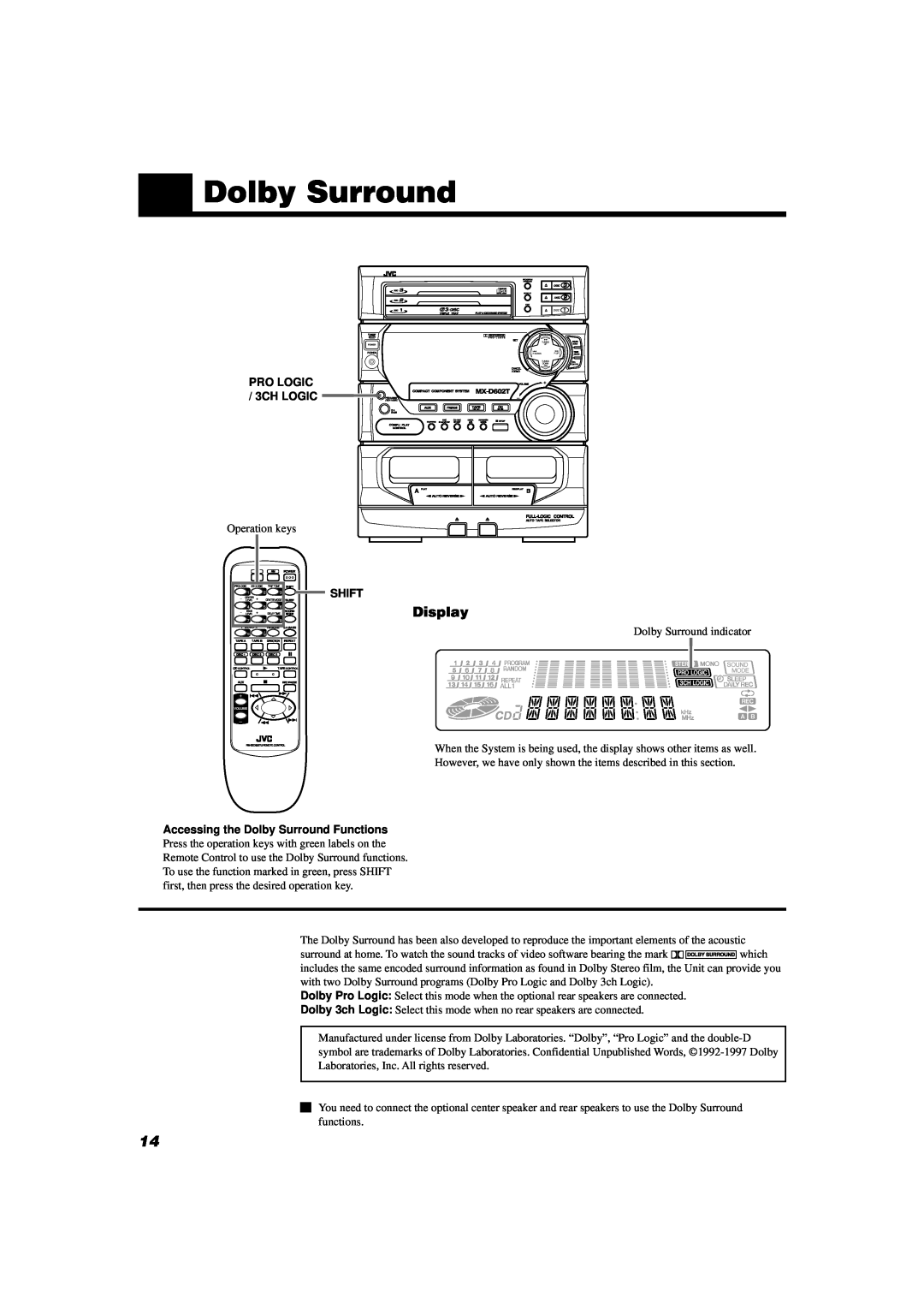 JVC MX-D602T manual Display, PRO LOGIC 3CH LOGIC, Shift, Accessing the Dolby Surround Functions 