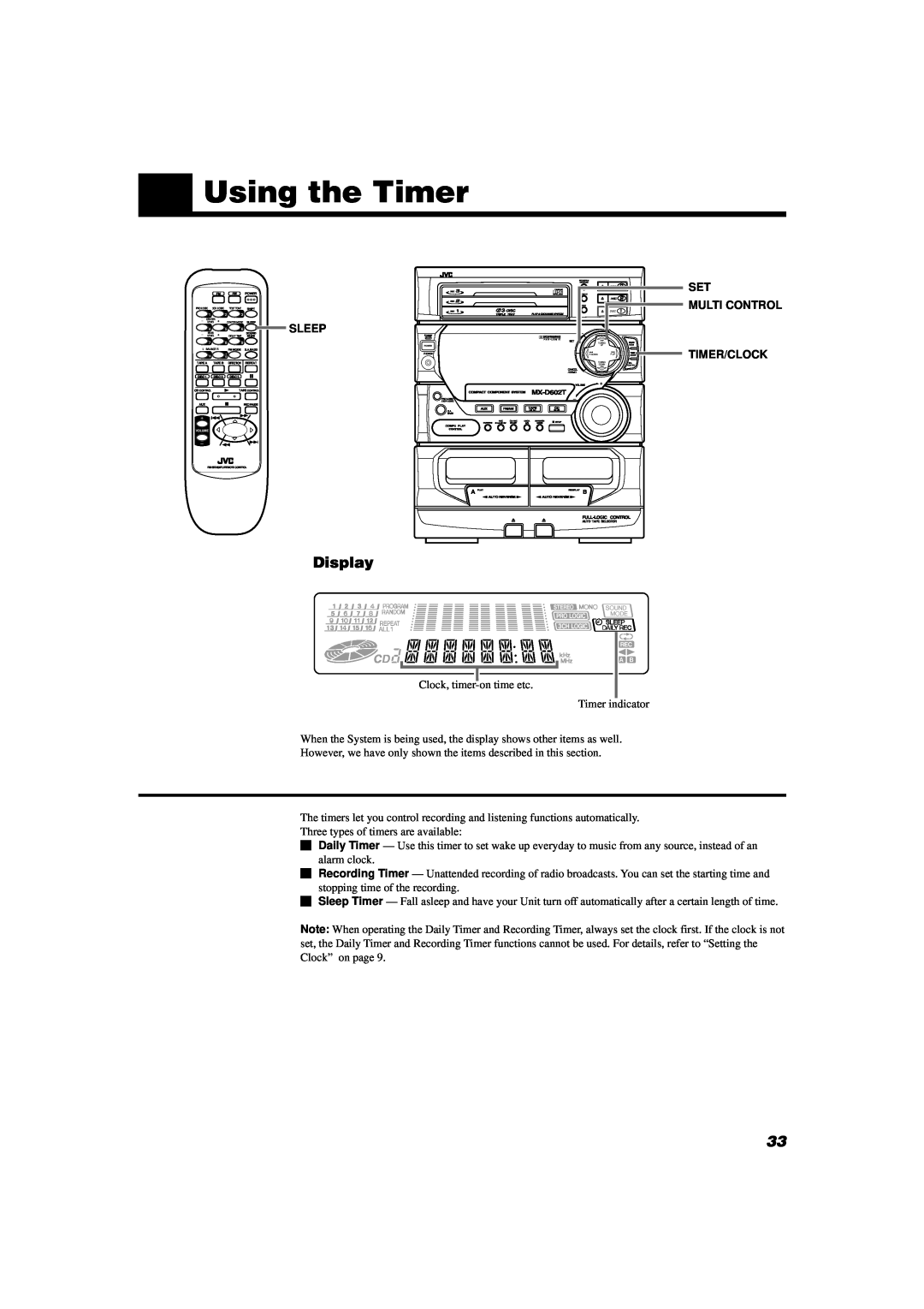 JVC MX-D602T manual Using the Timer, Sleep, Set Multi Control Timer/Clock 