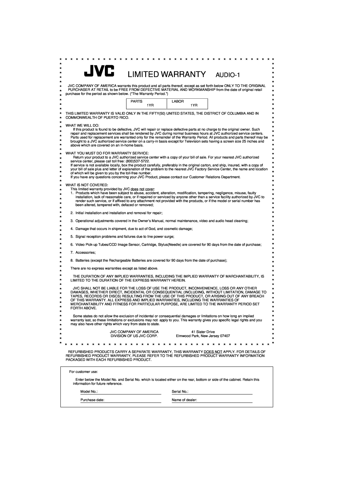 JVC MX-D602T manual LIMITED WARRANTY AUDIO-1 
