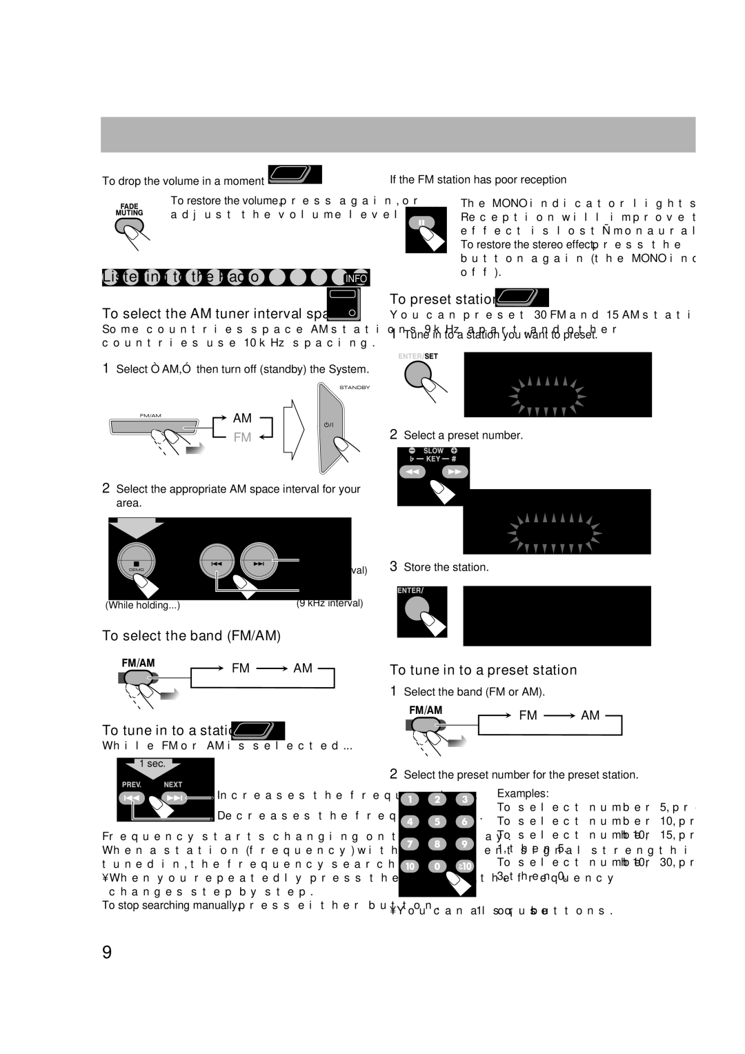 JVC MX-DK3, MX-DK15 manual To select the band FM/AM, To select the AM tuner interval spacing, To drop the volume in a moment 