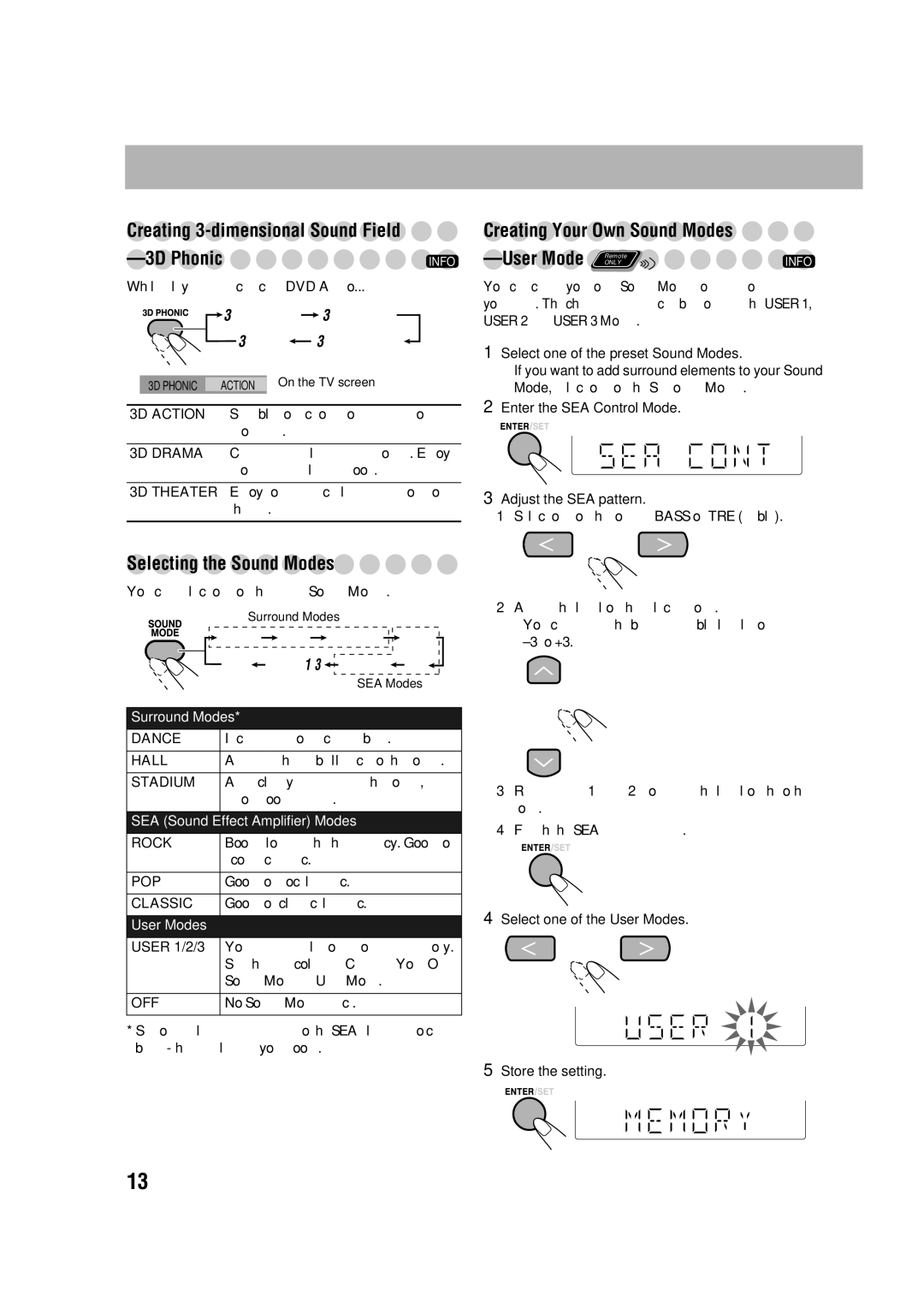JVC MX-DK15, MX-DK3 Creating 3-dimensional Sound Field 3D Phonic, Creating Your Own Sound Modes, User Mode, User 1/2/3 