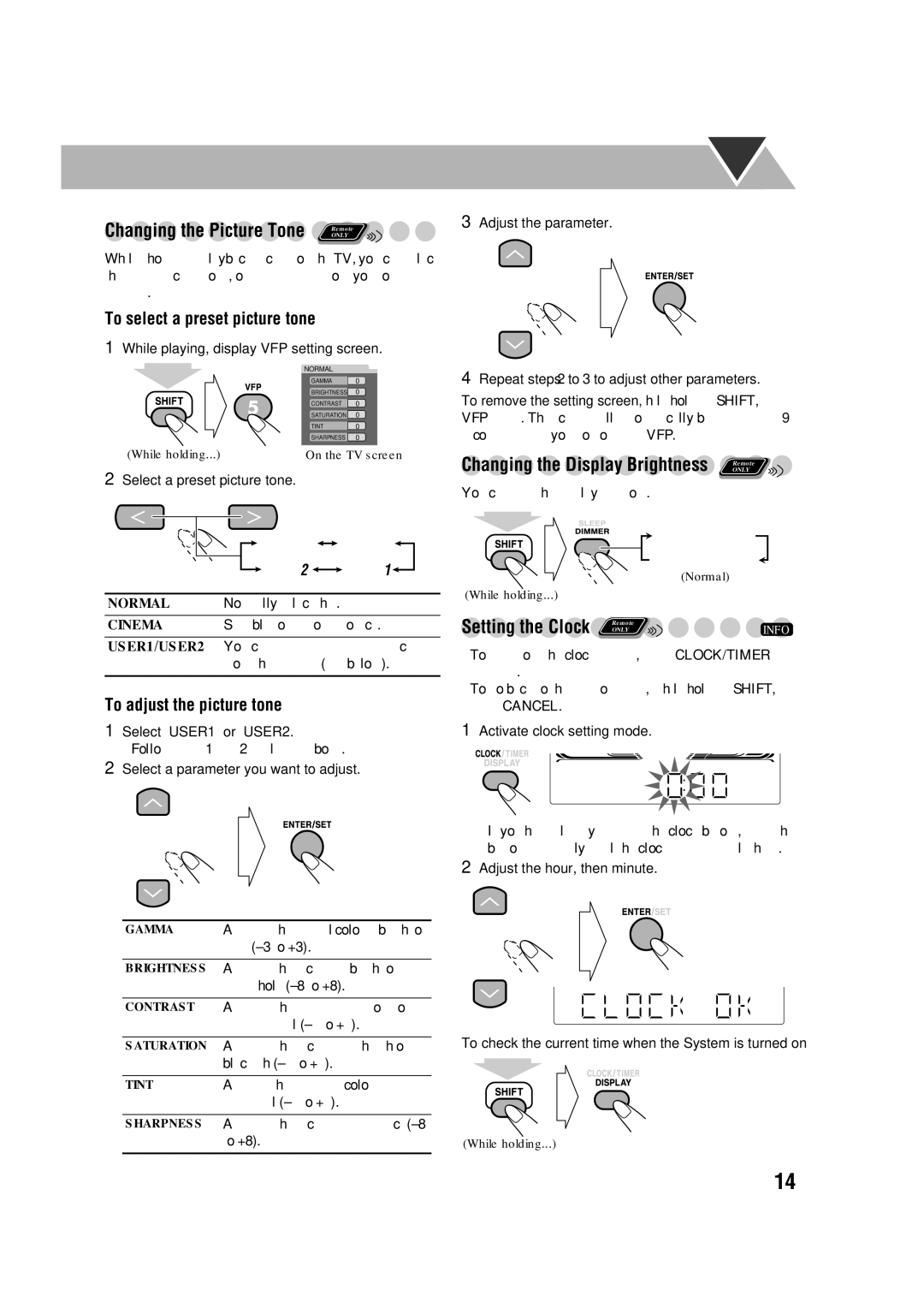 JVC MX-DK3, MX-DK15 manual Changing the Picture Tone Remote, Setting the Clock, To select a preset picture tone 