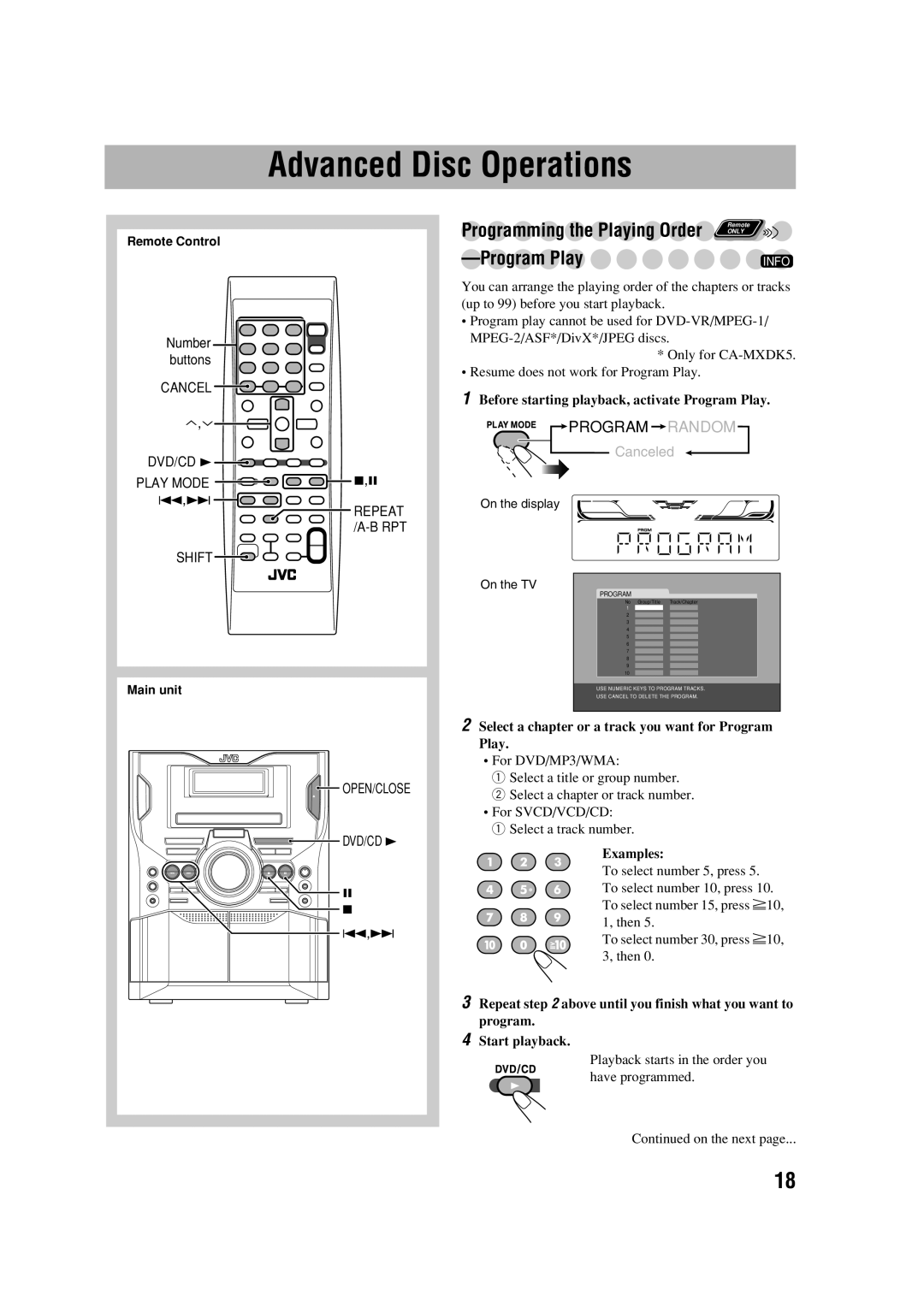 JVC MX-DK3, MX-DK15 manual Advanced Disc Operations, Before starting playback, activate Program Play 