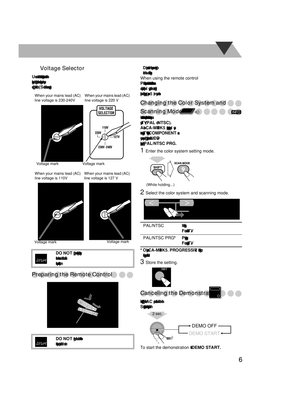 JVC MX-DK3, MX-DK15 manual ‹ Voltage Selector, Preparing the Remote Control, Changing the Color System, Scanning Mode 