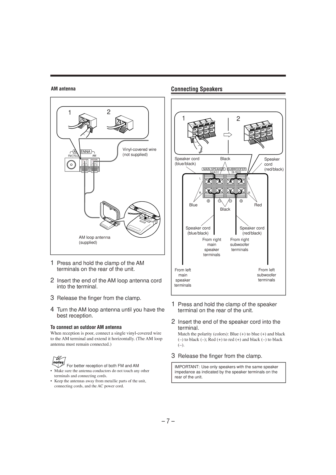 JVC MX-DVA5 manual Connecting Speakers, To connect an outdoor AM antenna 