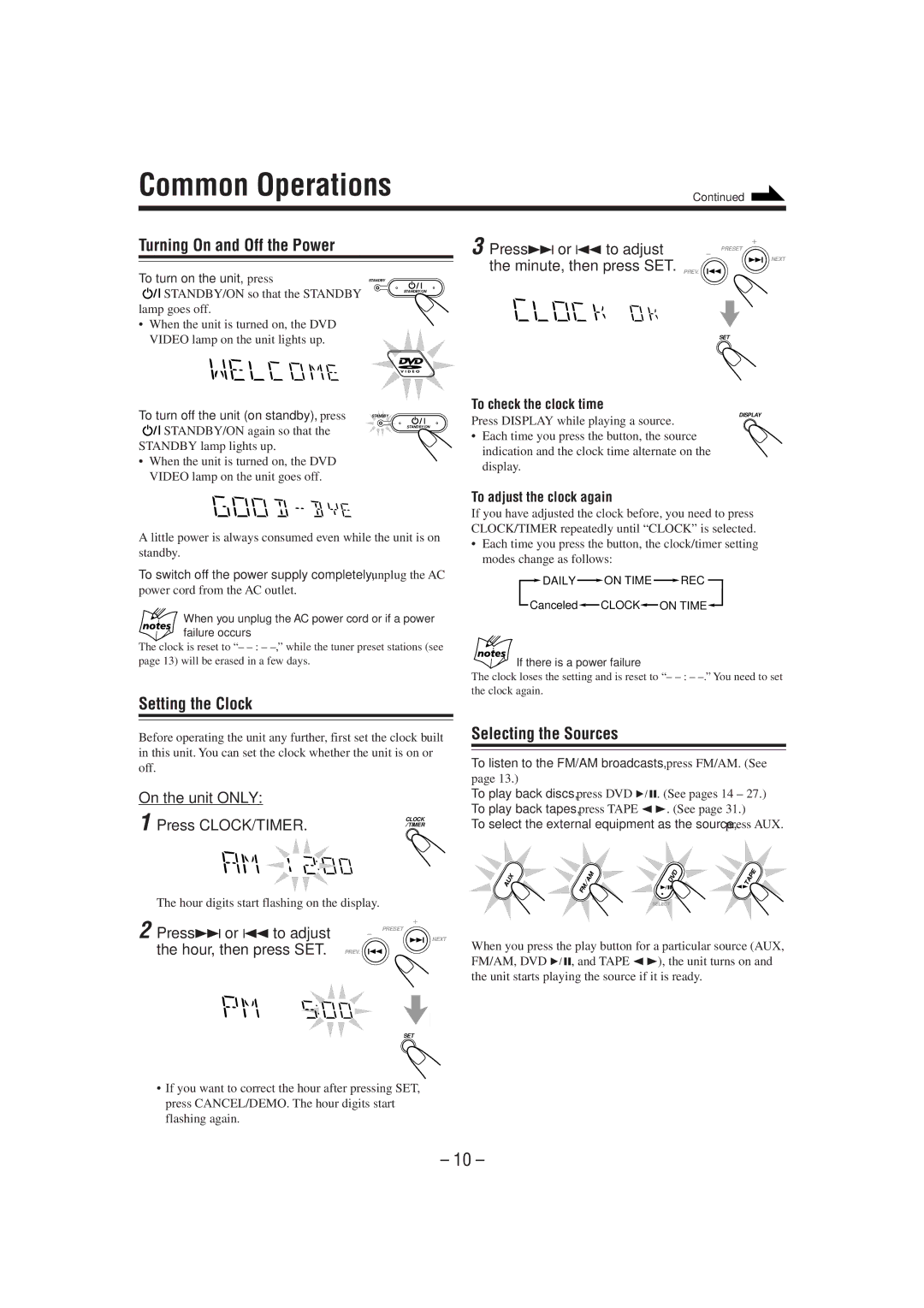 JVC MX-DVA5 manual Common Operations, Turning On and Off the Power, Setting the Clock, Selecting the Sources 