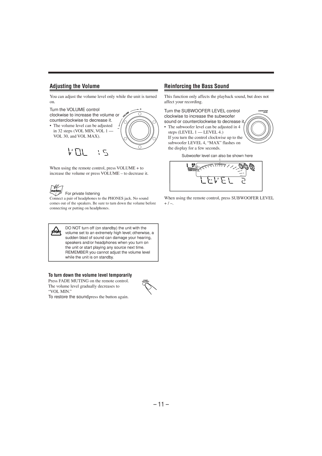 JVC MX-DVA5 manual Adjusting the Volume, Reinforcing the Bass Sound, To turn down the volume level temporarily 