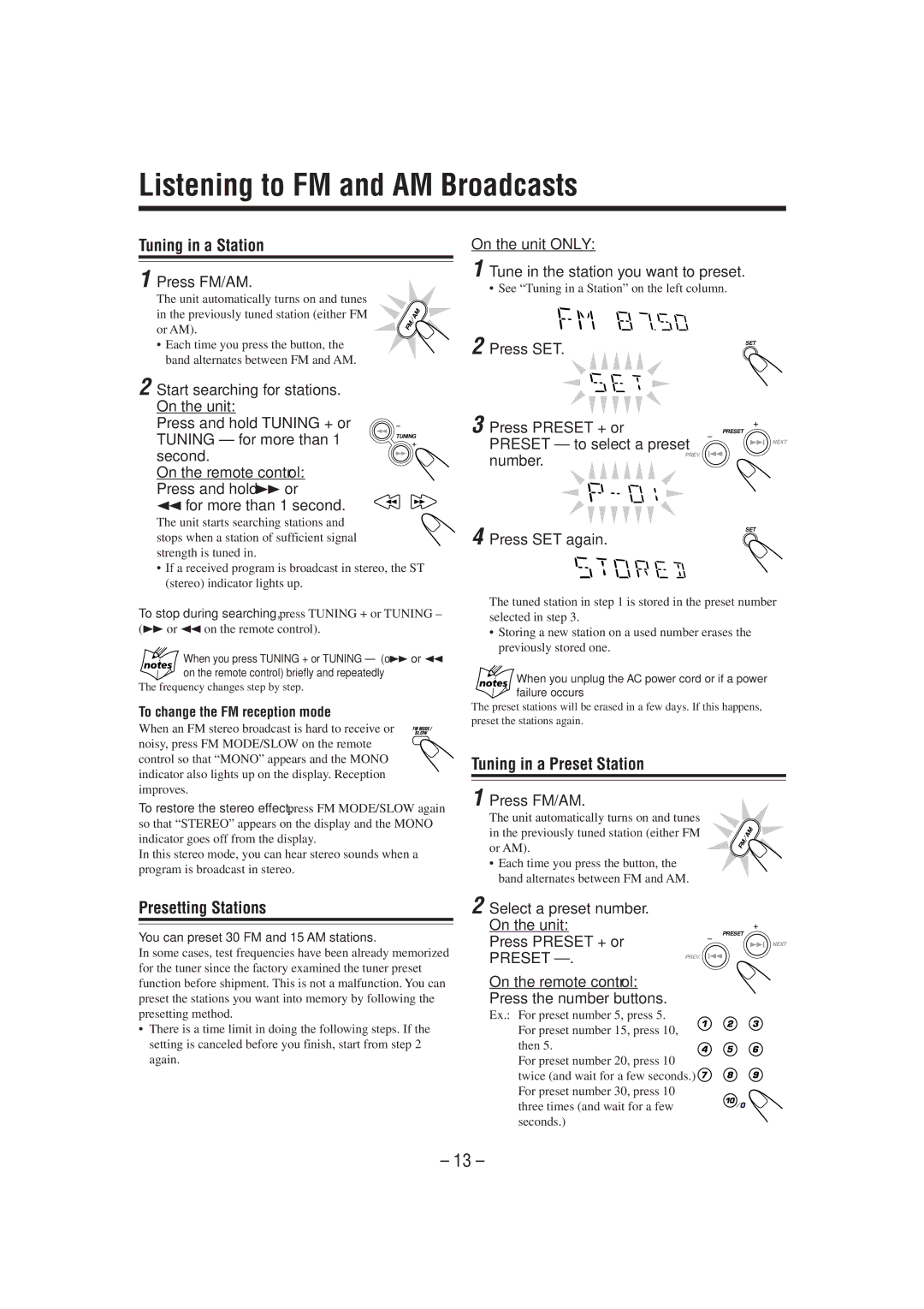 JVC MX-DVA5 manual Listening to FM and AM Broadcasts, Tuning in a Station, Tuning in a Preset Station, Presetting Stations 
