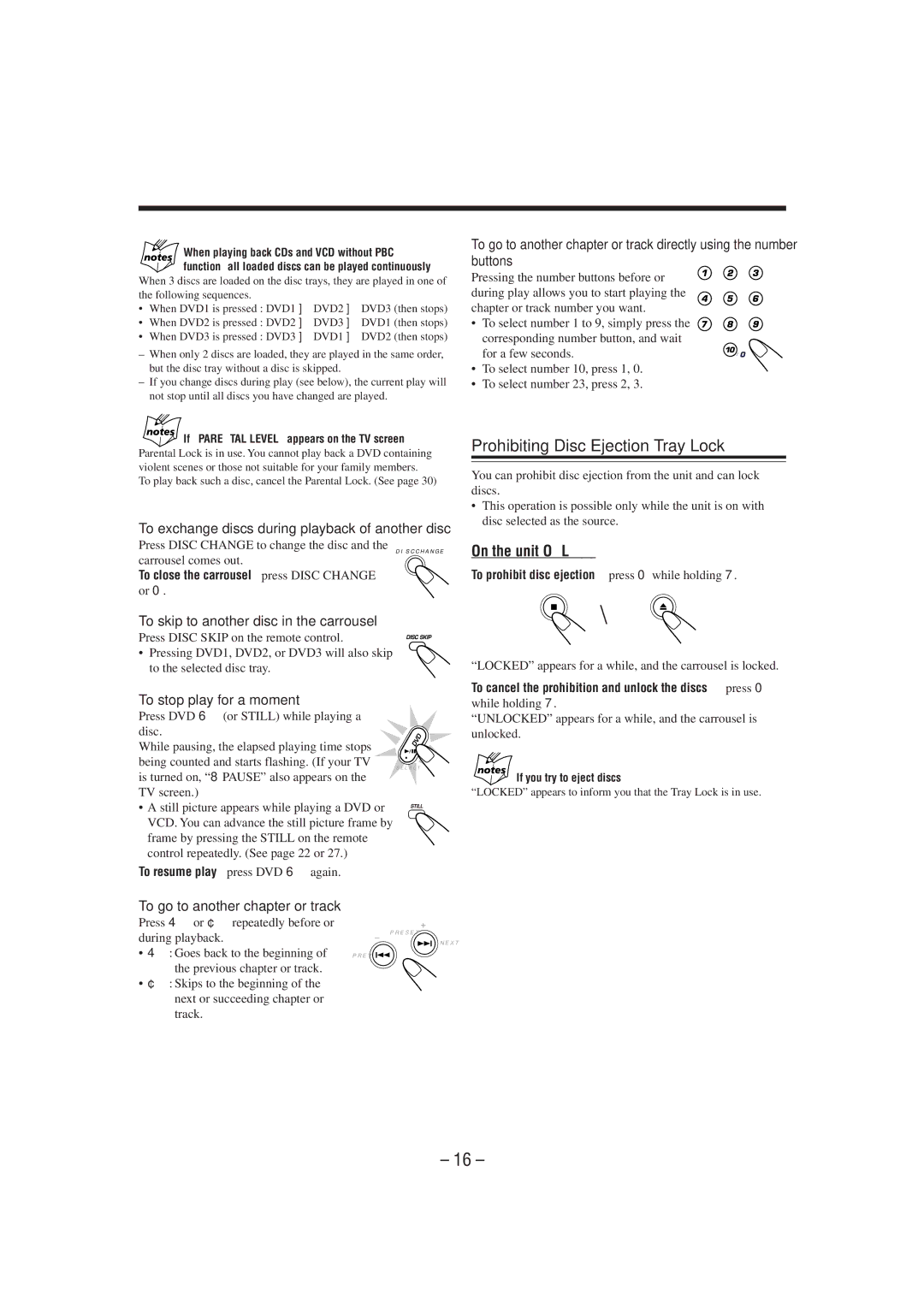 JVC MX-DVA5 manual Prohibiting Disc Ejection-Tray Lock, To skip to another disc in the carrousel, To stop play for a moment 