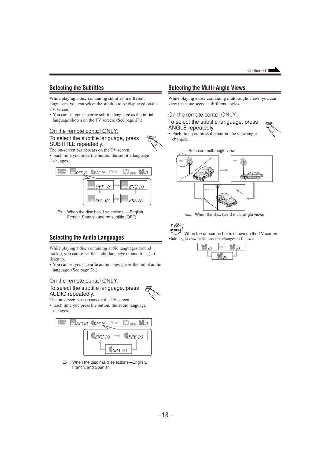 JVC MX-DVA5 manual Selecting the Subtitles, Selecting the Multi-Angle Views, Selecting the Audio Languages 