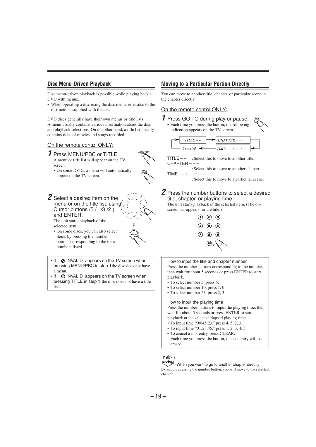 JVC MX-DVA5 manual On the remote control only Press MENU/PBC or Title, How to input the title and chapter number 