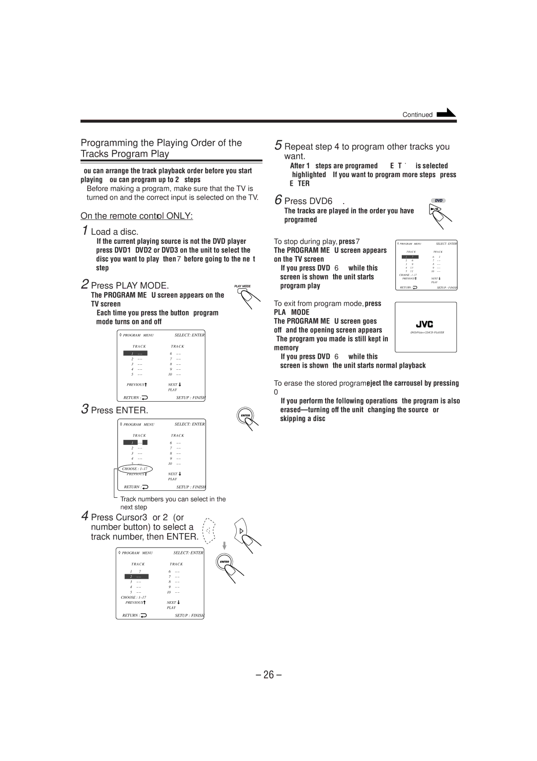 JVC MX-DVA5 manual Programming the Playing Order of the Tracks-Program Play, Repeat to program other tracks you want 