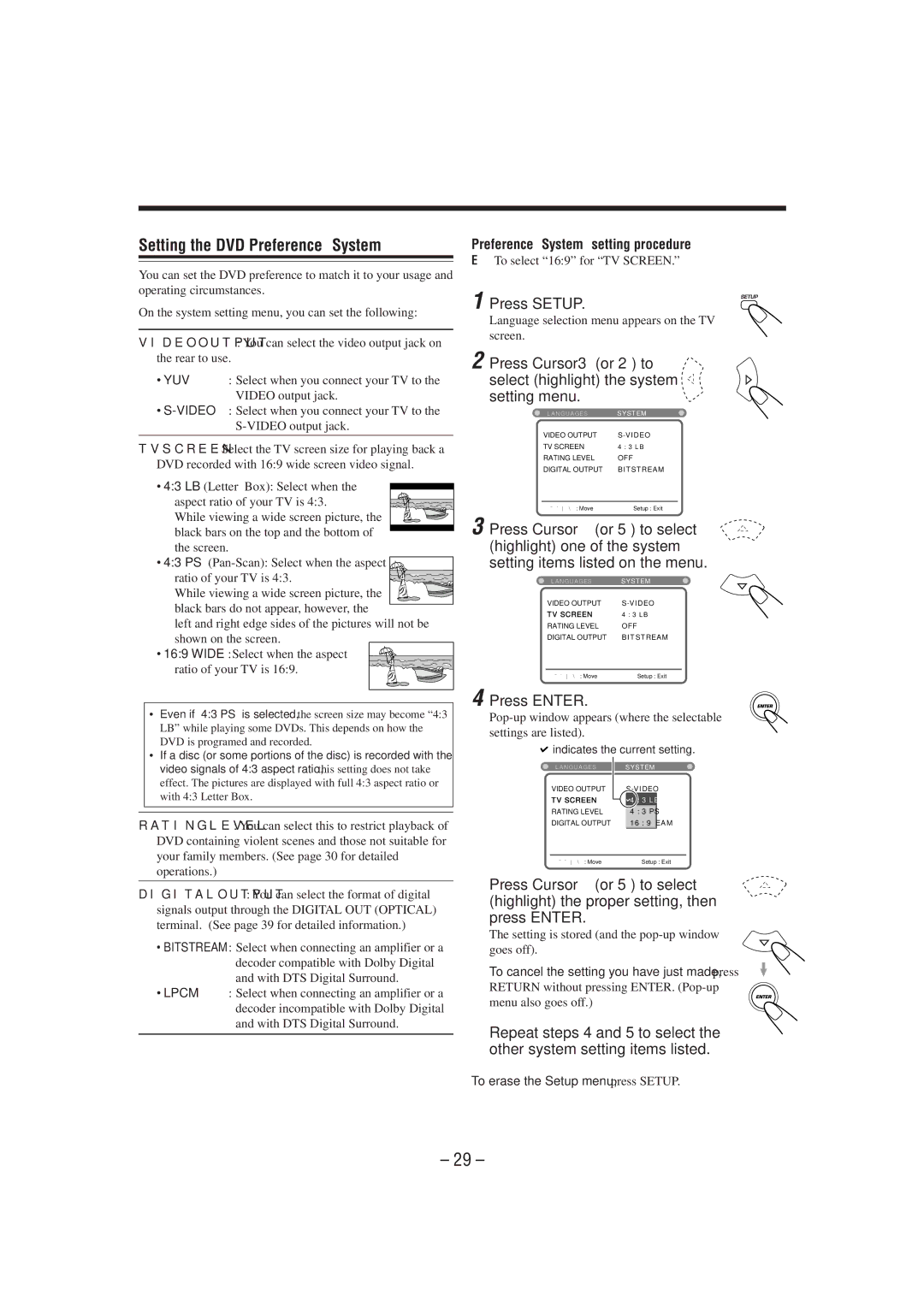 JVC MX-DVA5 manual Setting the DVD Preference System, Preference System setting procedure 