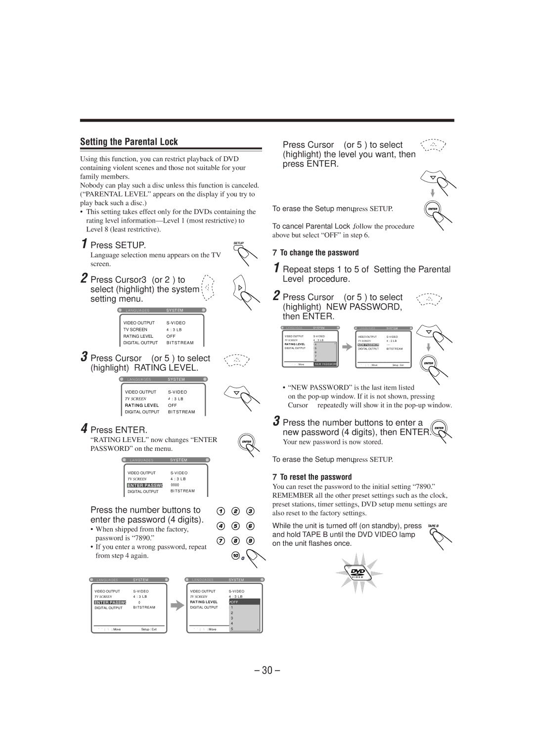 JVC MX-DVA5 manual Setting the Parental Lock, Press Cursor or 5 to select highlight Rating Level, To change the password 