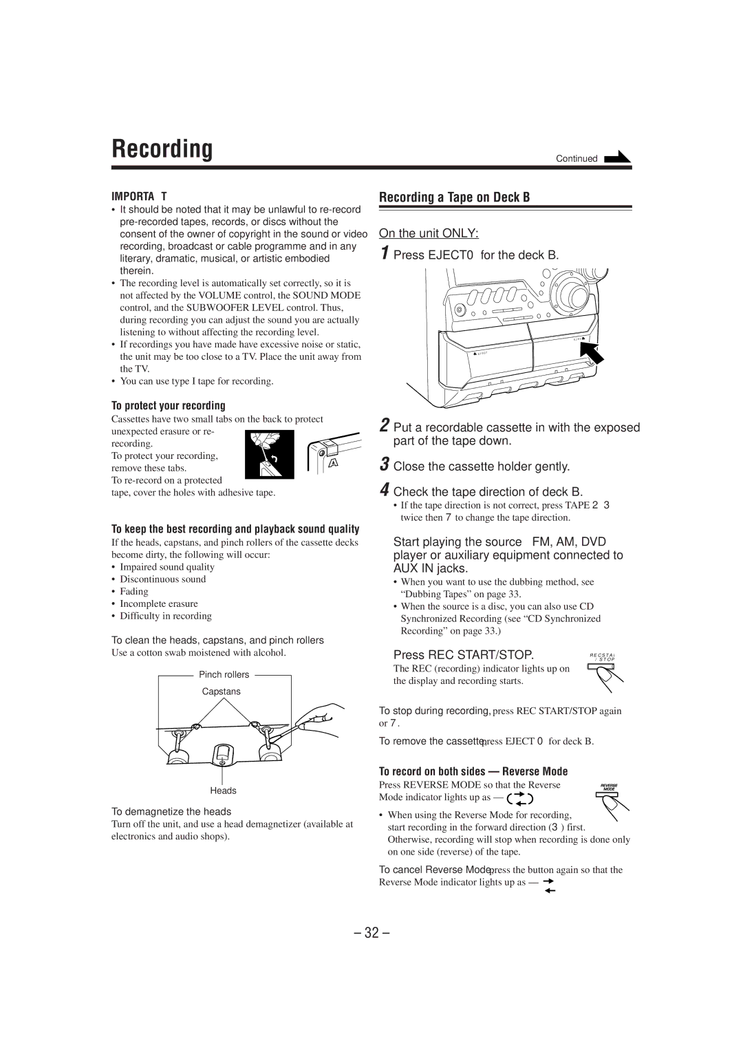 JVC MX-DVA5 manual Recording a Tape on Deck B, To protect your recording, To record on both sides Reverse Mode 