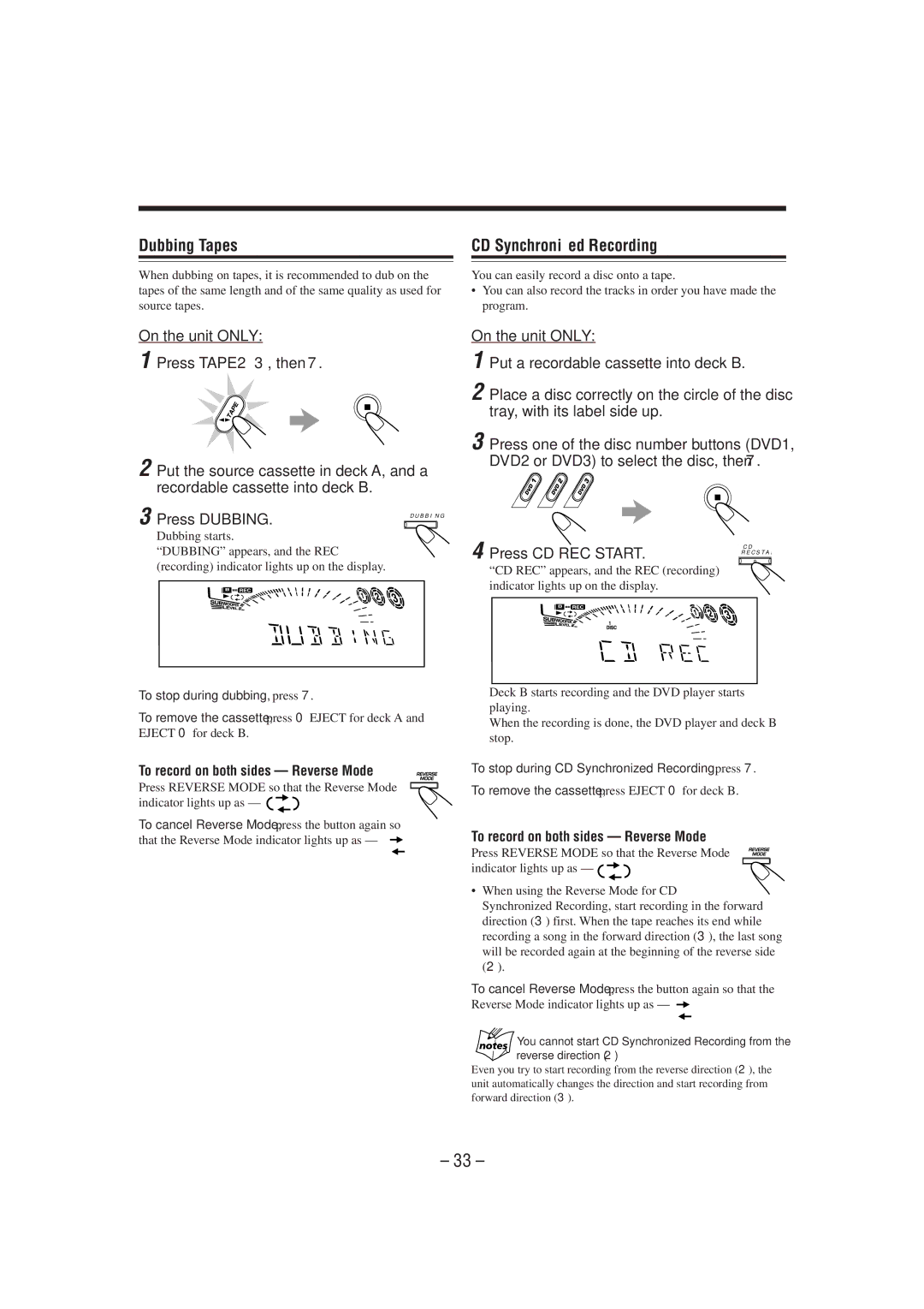 JVC MX-DVA5 manual Dubbing Tapes, CD Synchronized Recording, To stop during dubbing, press 