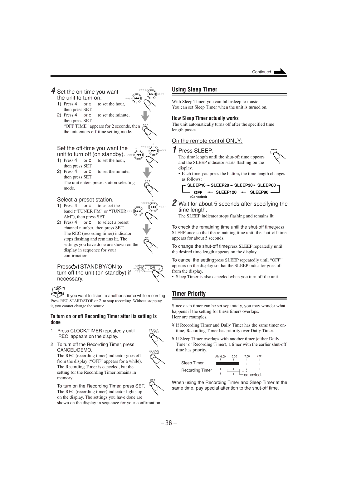 JVC MX-DVA5 manual Using Sleep Timer, Timer Priority 