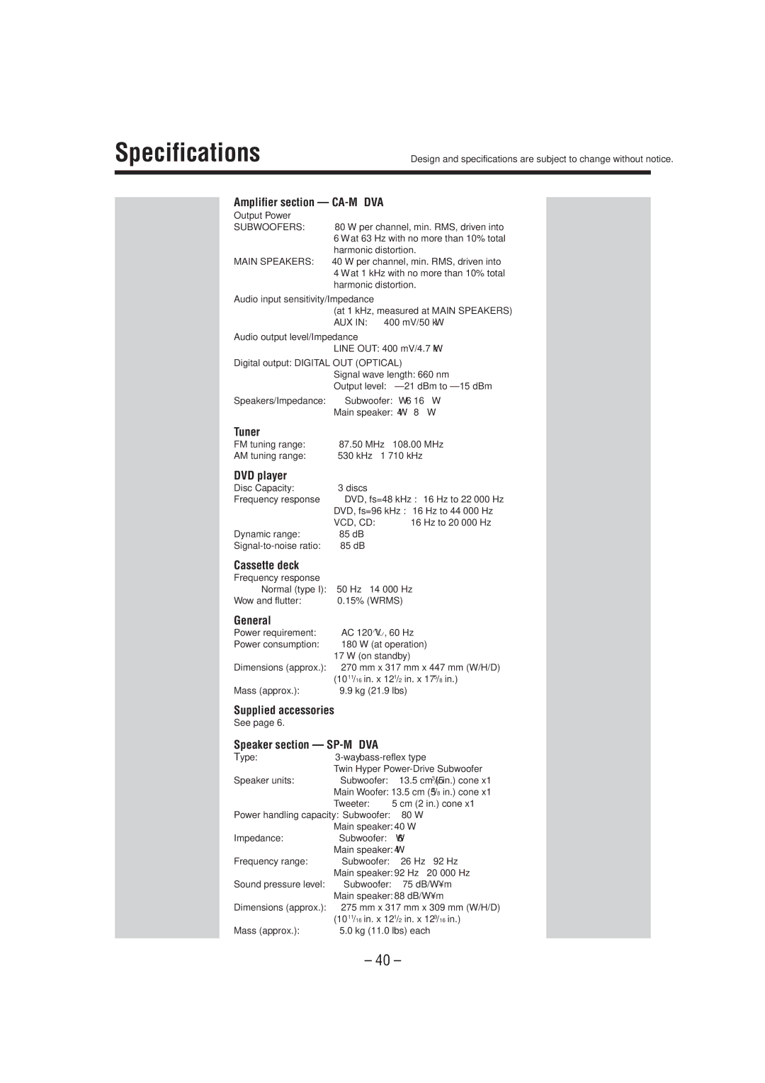 JVC MX-DVA5 manual Specifications 