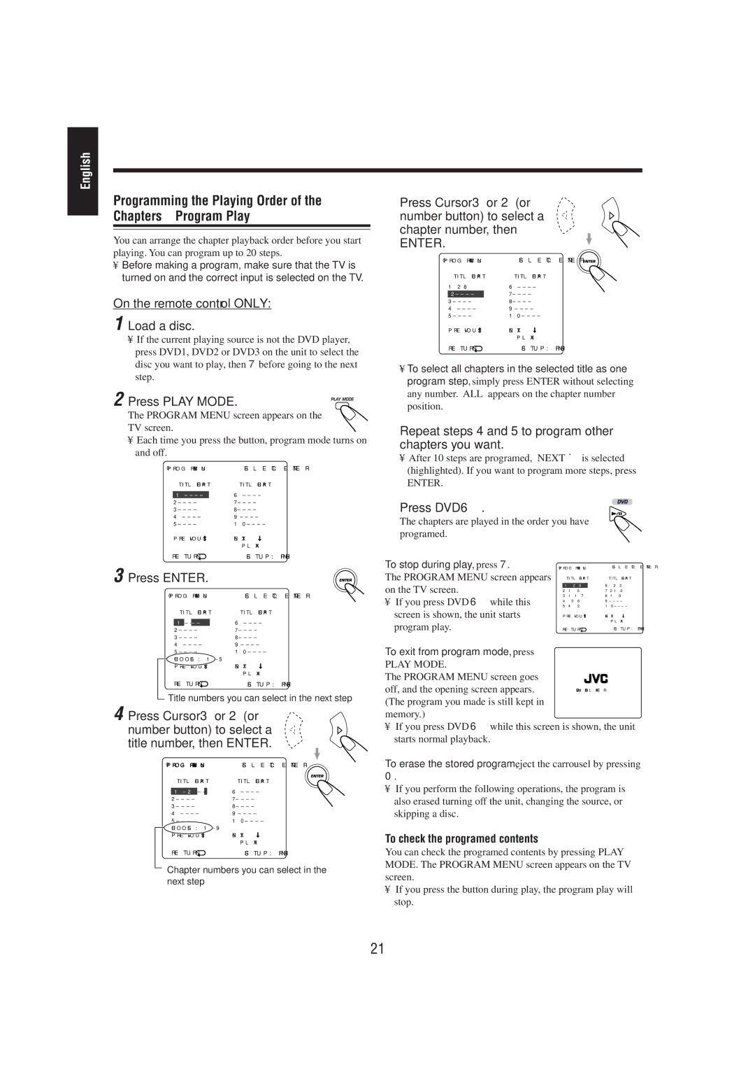 JVC MX-DVA5 manual Programming the Playing Order Chapters-Program Play, On the remote control only Load a disc 