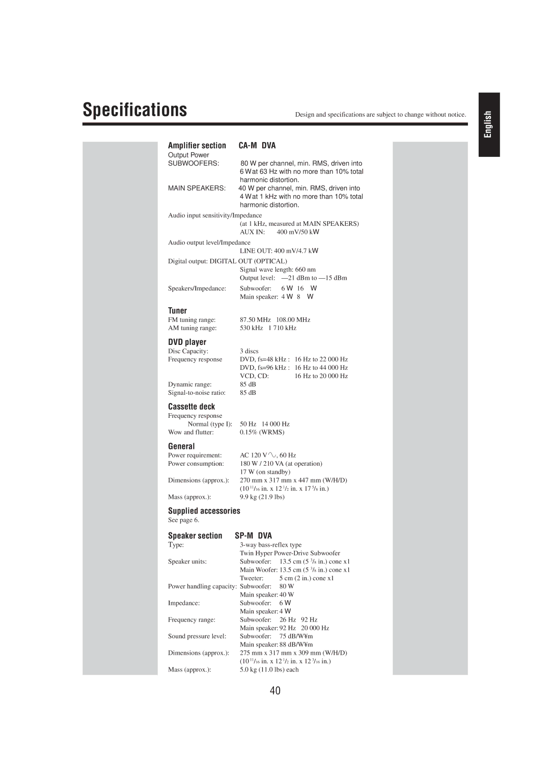 JVC MX-DVA5 manual At 63 Hz with no more than 10% total 