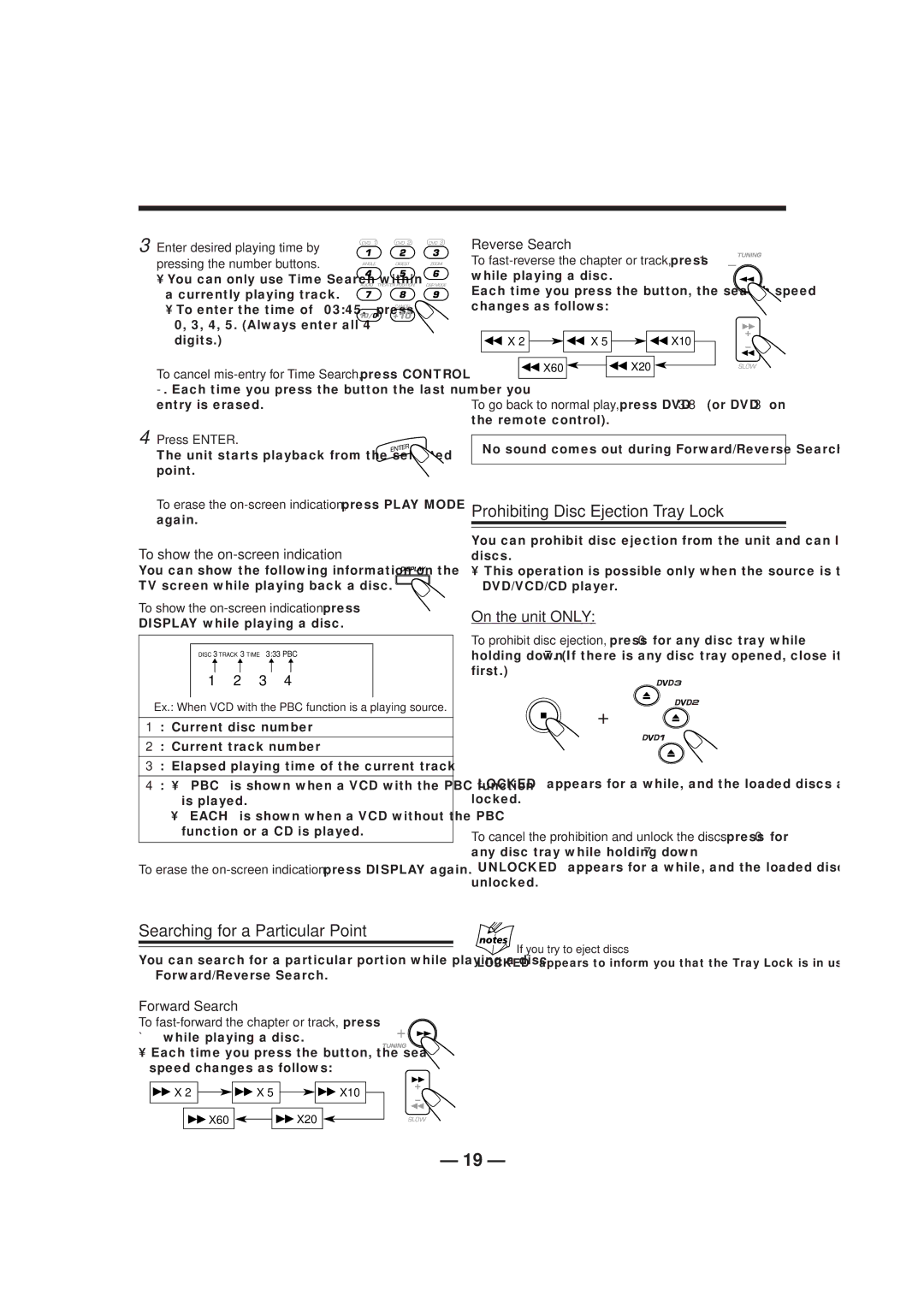 JVC MX-DVA9 manual Prohibiting Disc Ejection-Tray Lock, Searching for a Particular Point, Reverse Search, Forward Search 