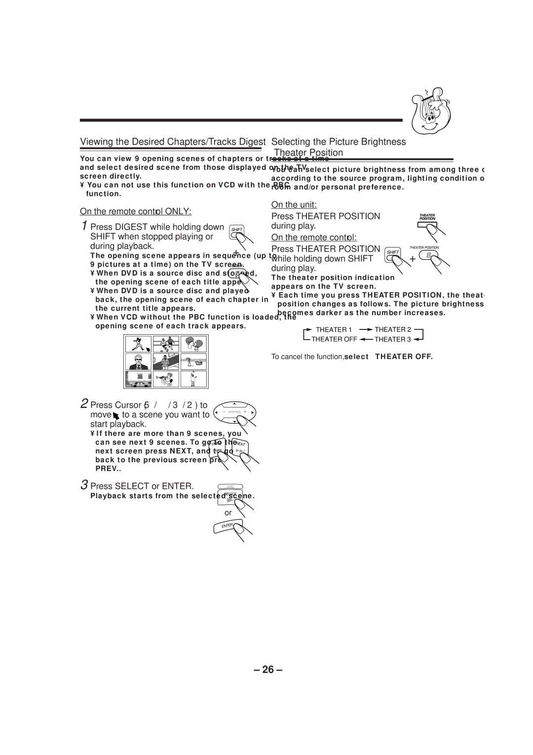 JVC MX-DVA9 Press Select or Enter, Opening scene appears in sequence up to, To cancel the function, select Theater OFF 