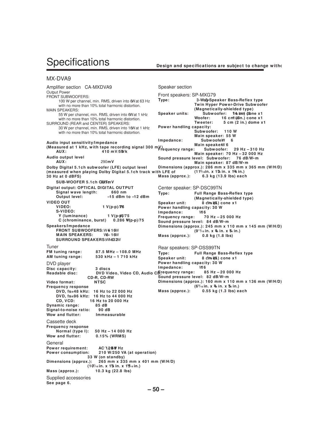 JVC MX-DVA9 manual Specifications 