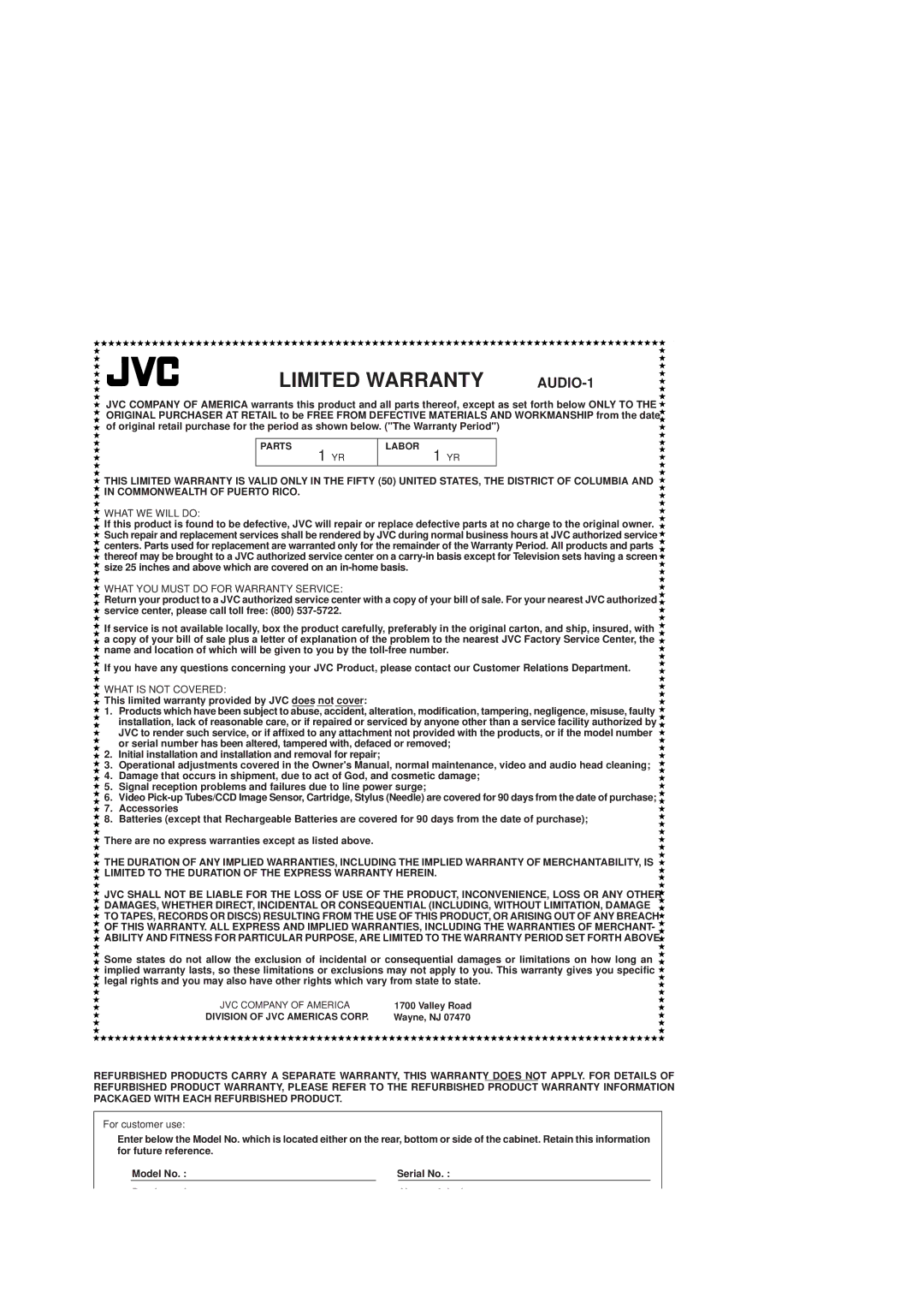 JVC MX-DVA9 manual Limited Warranty 