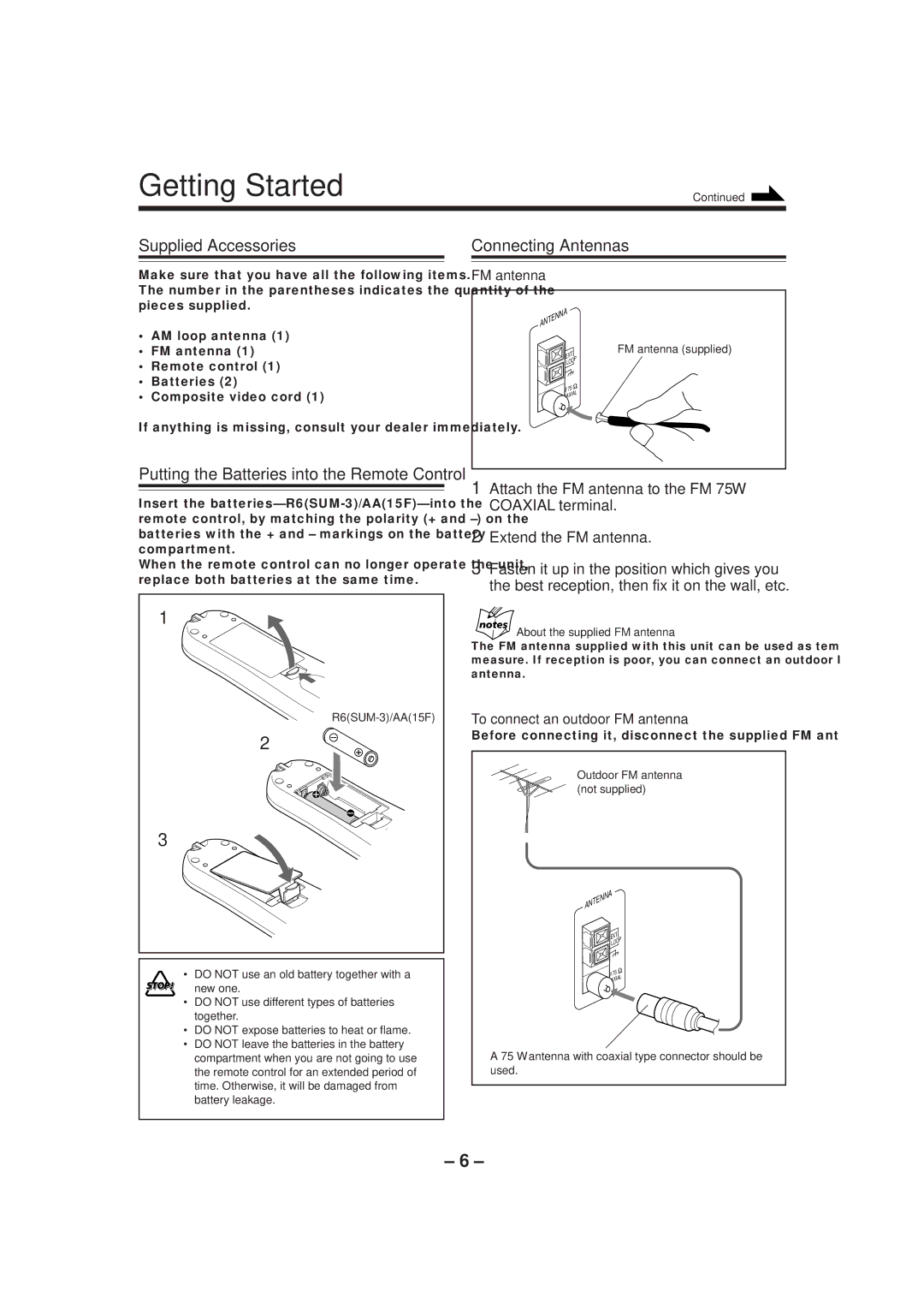 JVC MX-DVA9 manual Getting Started, Supplied Accessories Connecting Antennas, To connect an outdoor FM antenna 