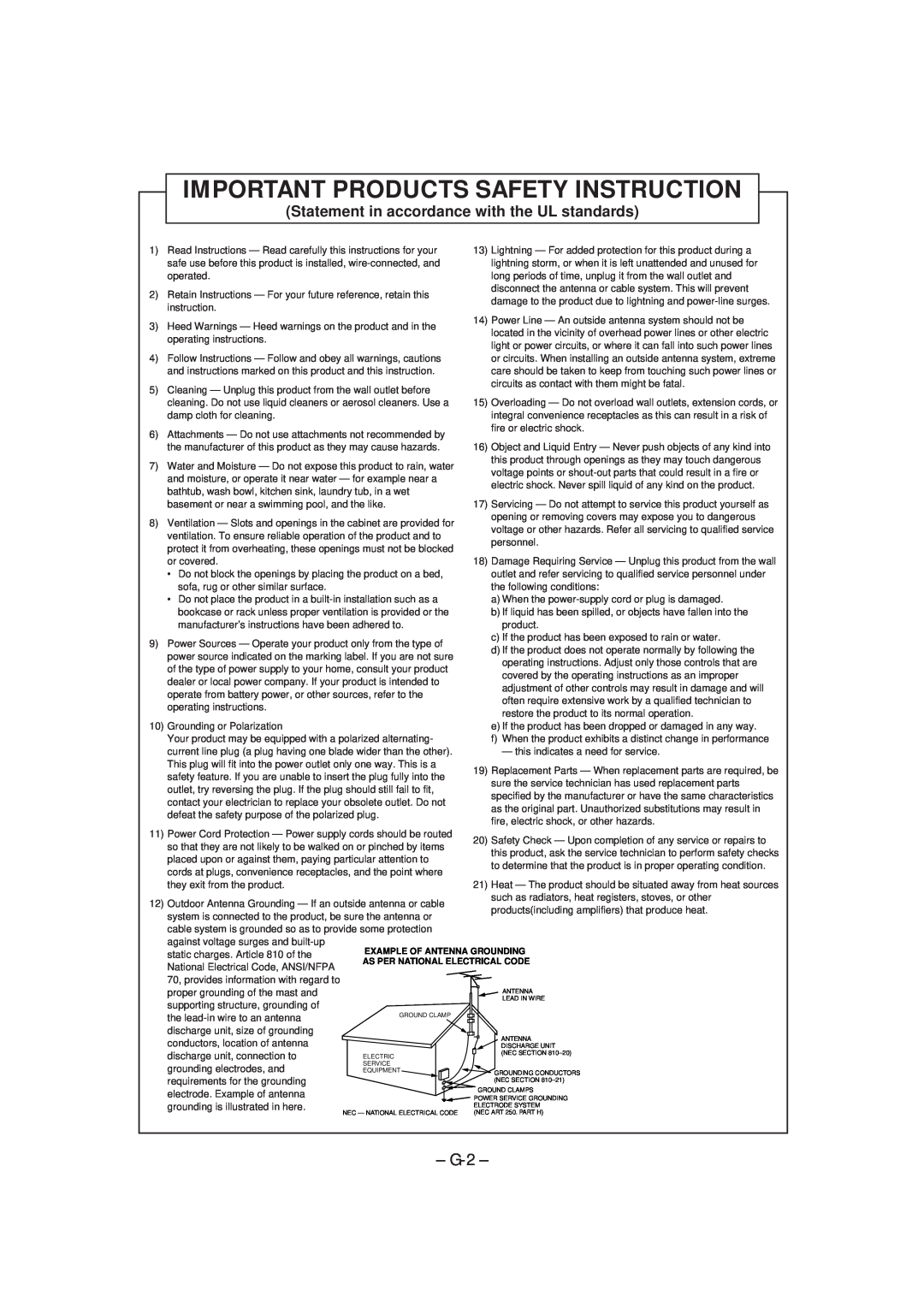 JVC MX-DVA9 manual G-2, Important Products Safety Instruction 
