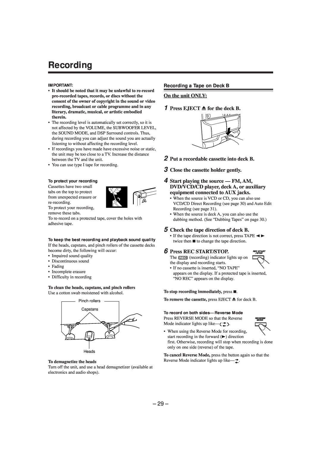 JVC MX-DVA9 manual 1 2 3, 29, Recording a Tape on Deck B, Check the tape direction of deck B, Press REC START/STOP 