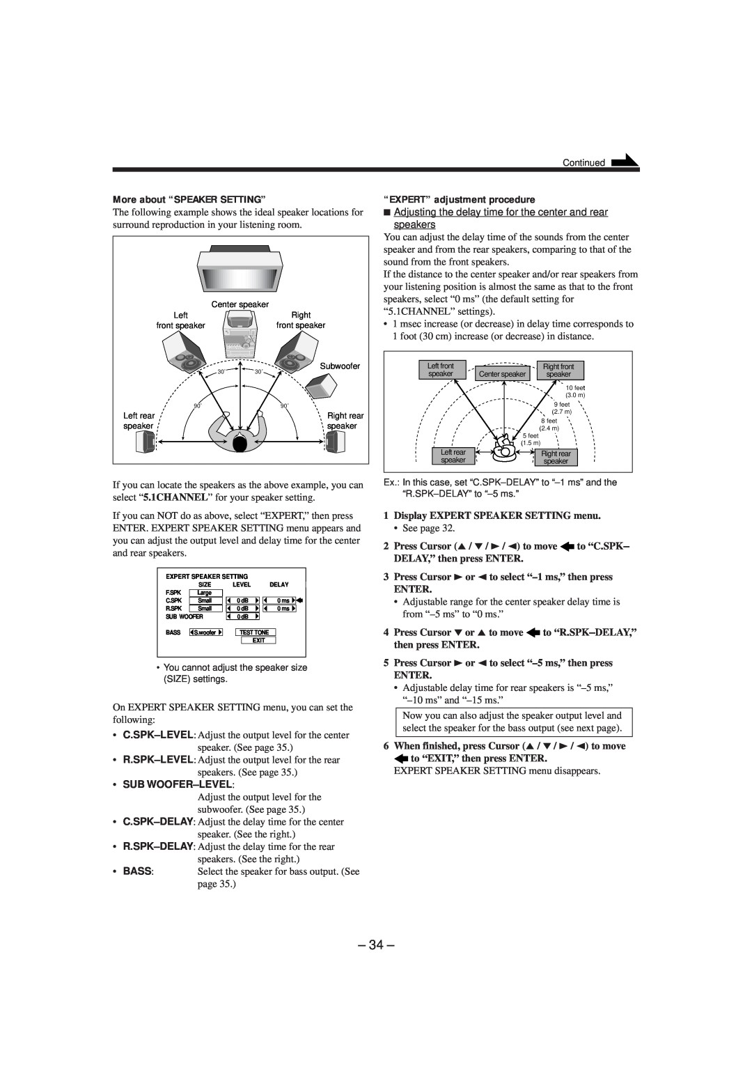 JVC MX-DVA9 manual 34, More about “SPEAKER SETTING”, “EXPERT” adjustment procedure, •Sub Woofer–Level, to “C.SPK, Enter 
