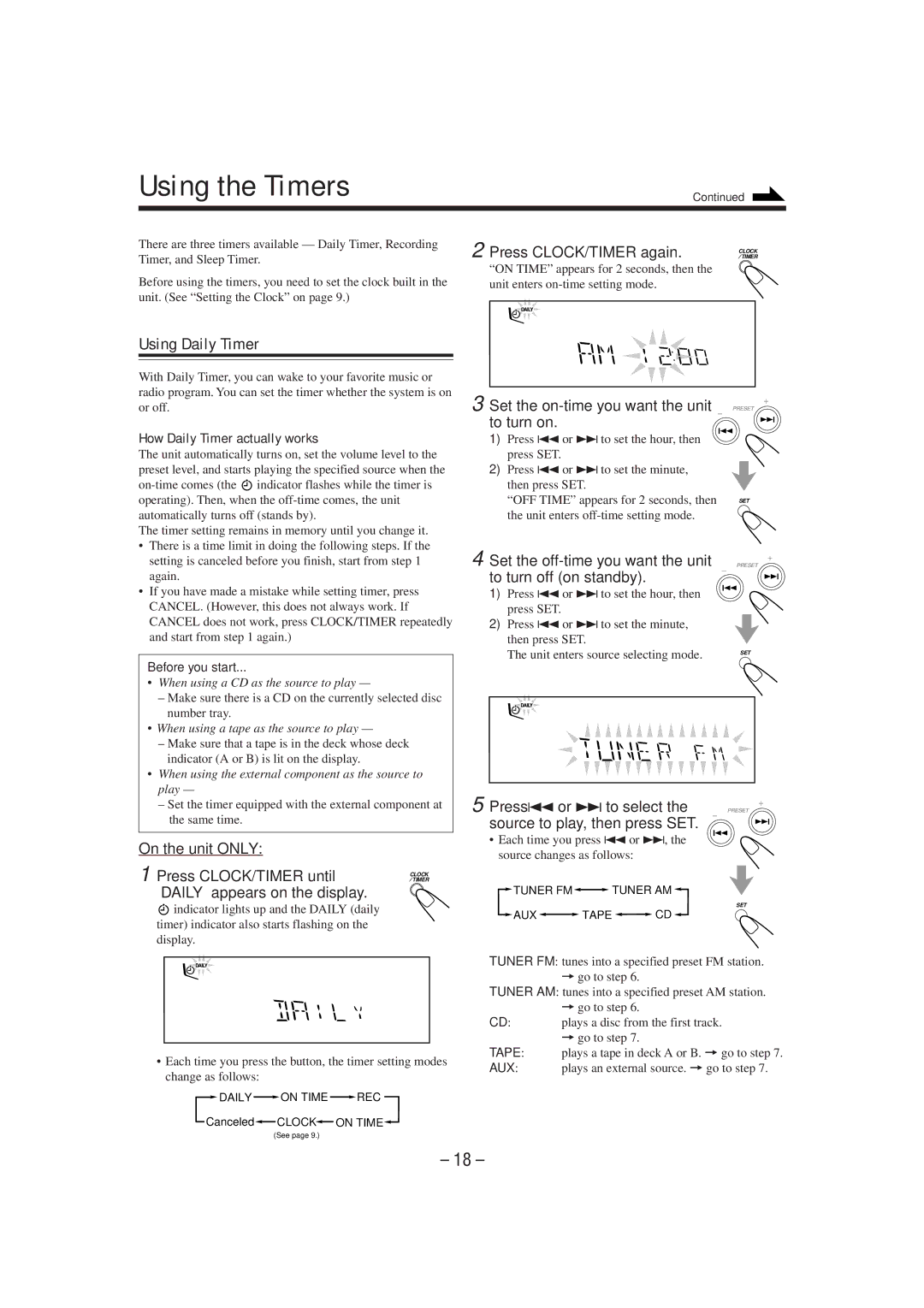 JVC MX-G50 manual Using the Timers, Using Daily Timer, On the unit only Press CLOCK/TIMER until 